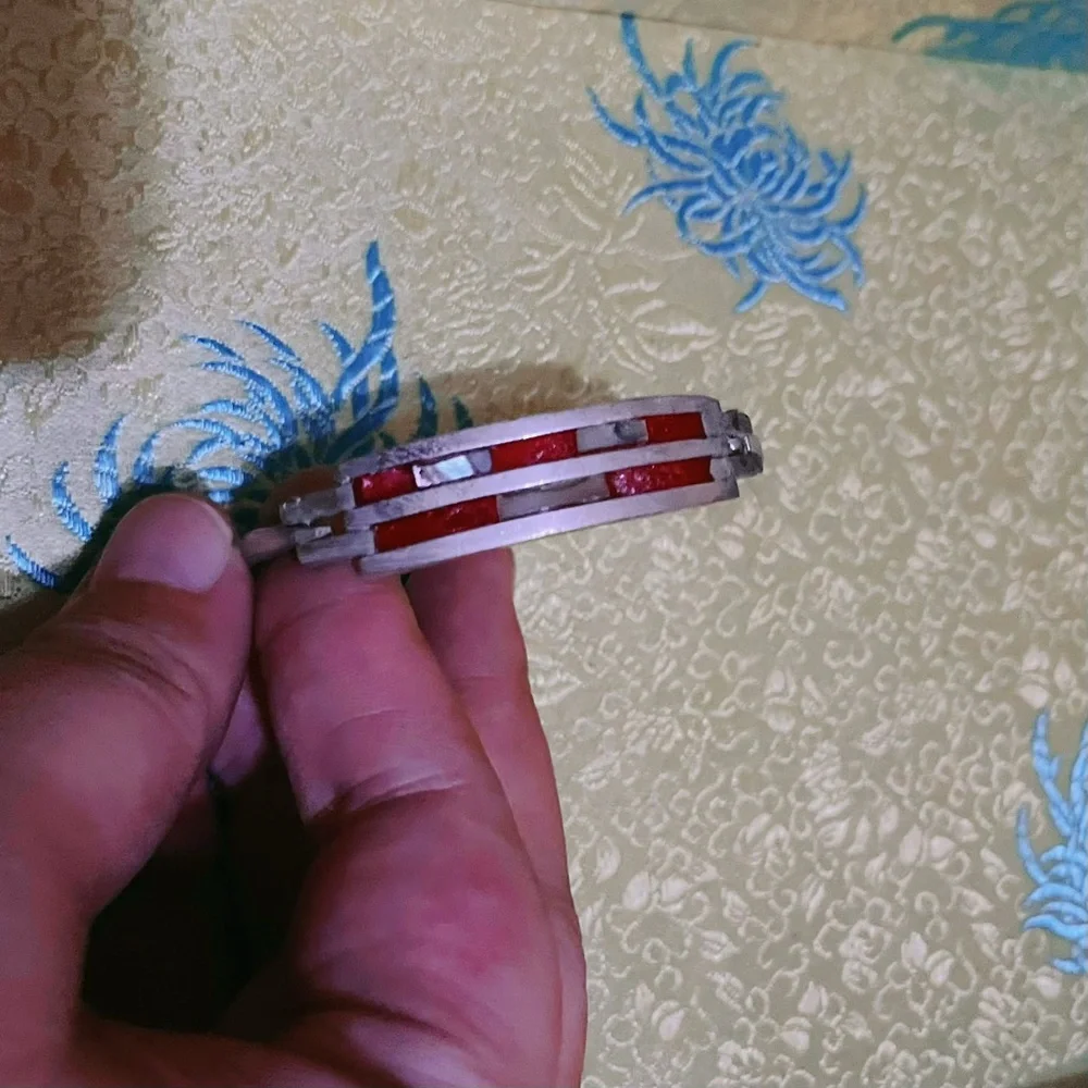 Sterling Silver Mother of Pearl Red Enamel Bangle Bracelet - 925 Mexico